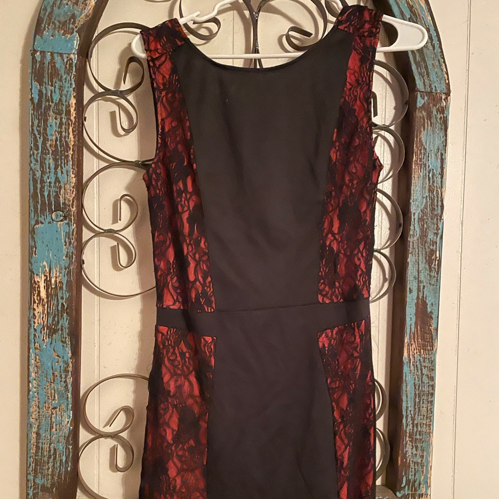 Black and pink lace dress with zipper back.
